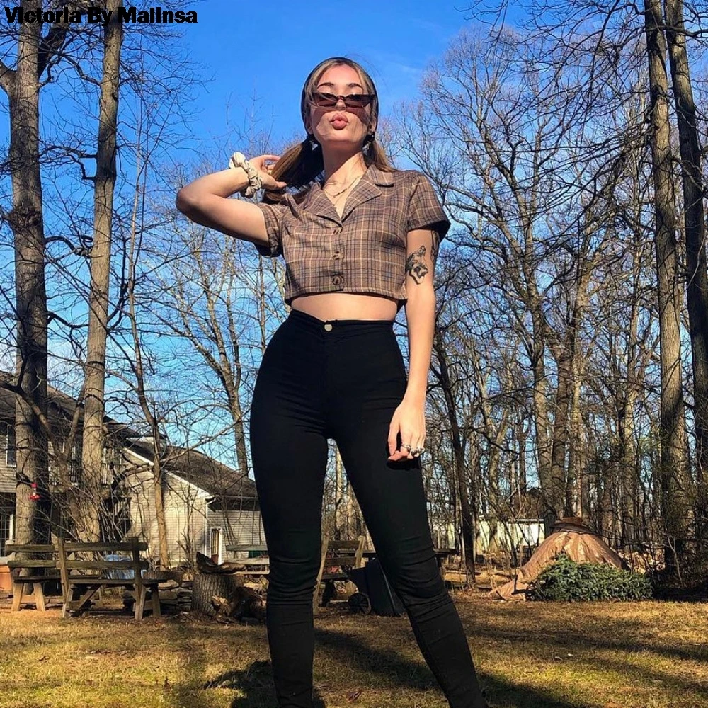 

2019 New Women Fashion Shirt Short Sleeve Turn-down Collar Crop Top Elegant Ladies Casual Lattice Buttons Shirt