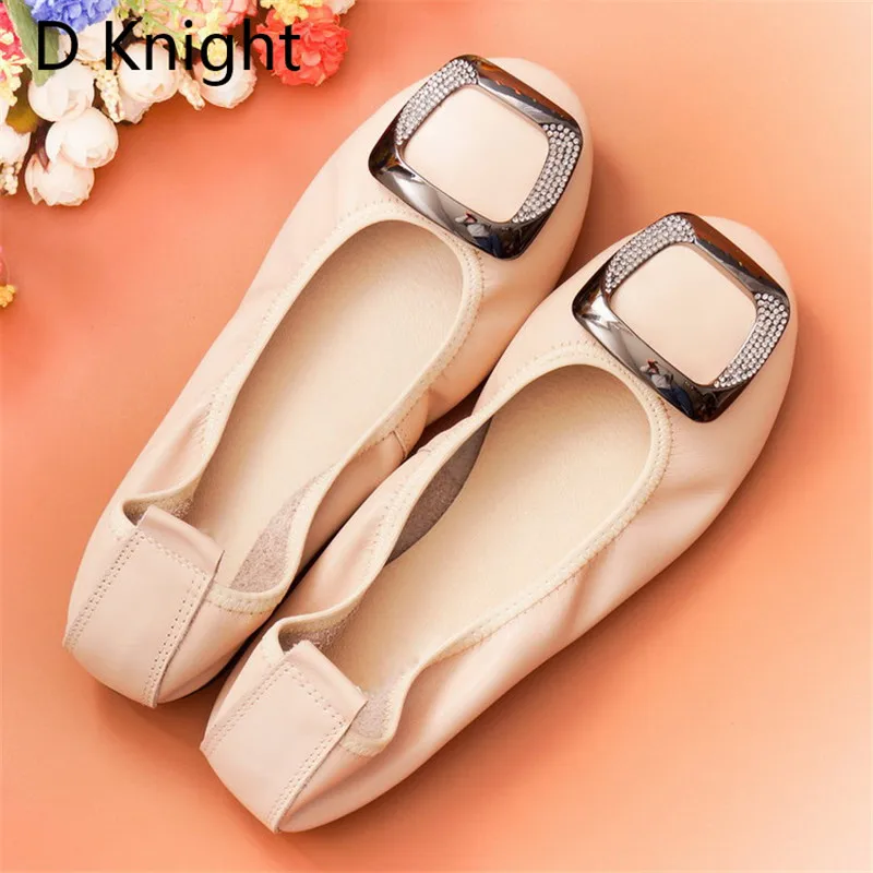 Crystal Soft Genuine Leather Women Flat Heel Ballet Shoes Comfortable Women Loafers Shoes Slip On Women's Flat Moccasin Big Size (6)