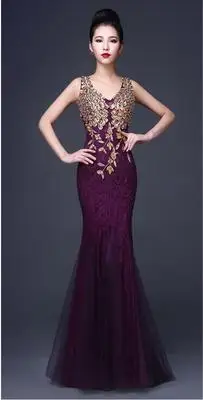 Robe de soiree, v-образный вырез, расшитые бисером, длинные платья с аппликацией, вечерние платья русалки, vestido de festa, платья для выпускного вечера, Платья для вечеринок - Цвет: purple
