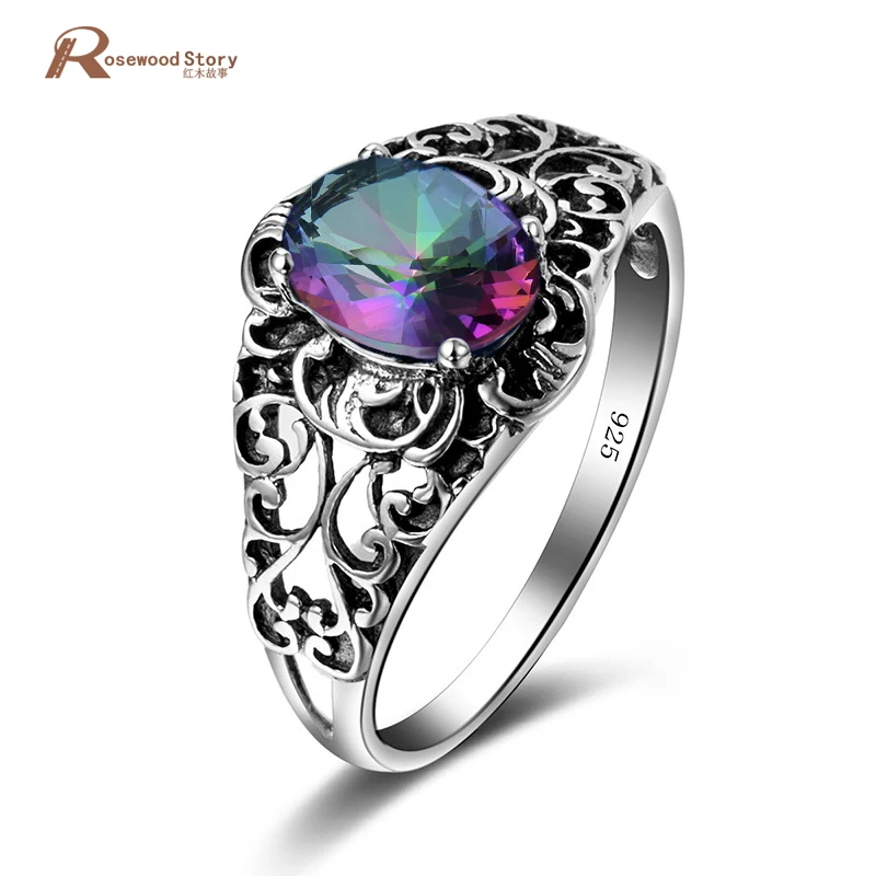 

Customized Coran Engagement Rings Handmade 925 Sterling Silver Cocktail Rings Vintage Rainbow Mystical Topaz Crystal Women Rings