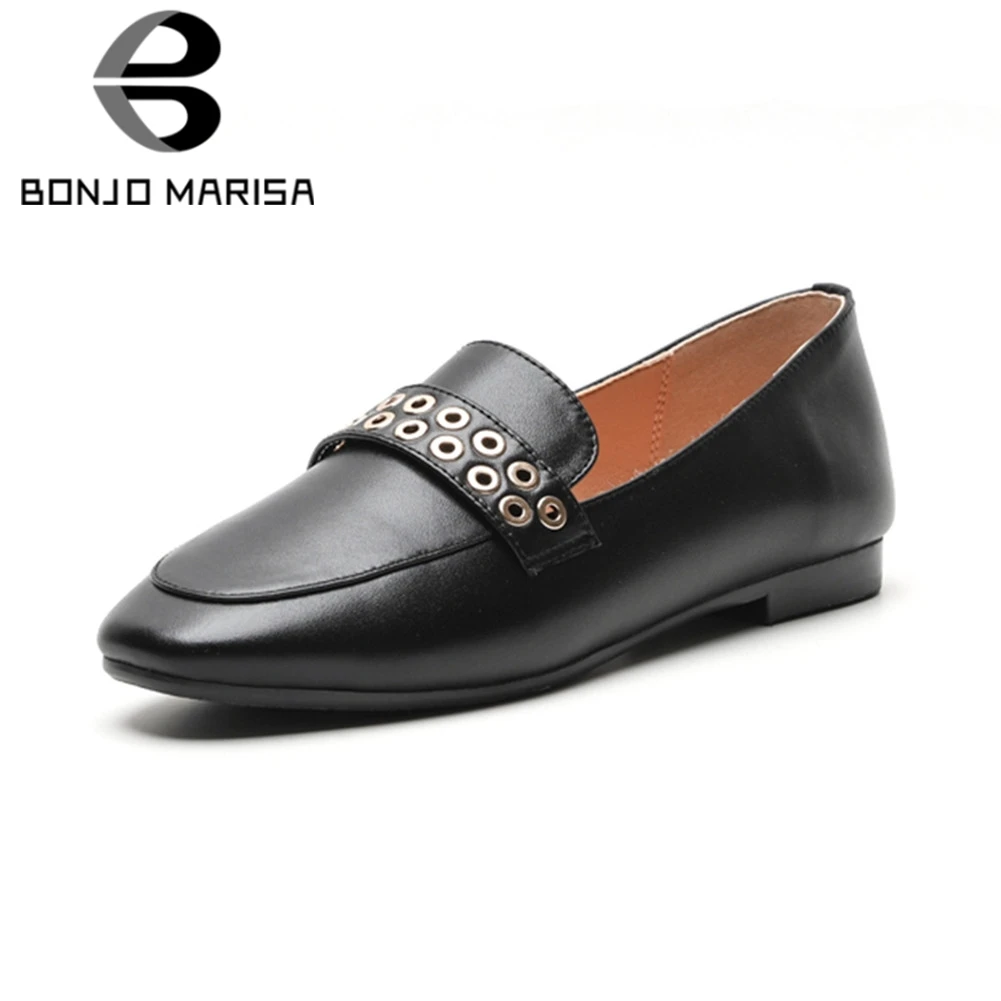 

BONJOMARISA New Fashion Shallow Genuine Leather Metal Decoration Shoes Woman Casual Soft Spring Autumn Flats Big Size 34-42