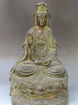 

15" Chinese Buddhism Old Copper Bronze Lotus Seat Kwan-Yin GuanYin Buddha Statue