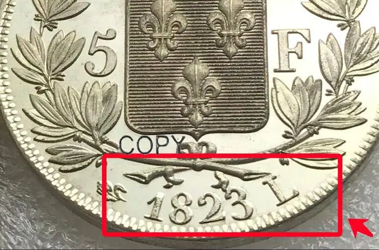 

France 5 F Francs Louix XVIII Head Left 1823 L Brass Silver Plated Copy Coin