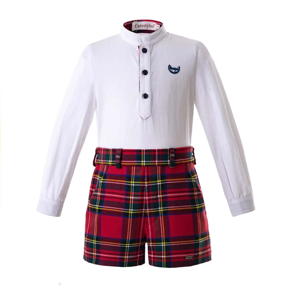 

Cutestyles Autumn Boys Clothing Sets Flower Collar White Shirt And Wine Red Grid Shorts Boy Clothes Party Outfit B-DMCS107-B397