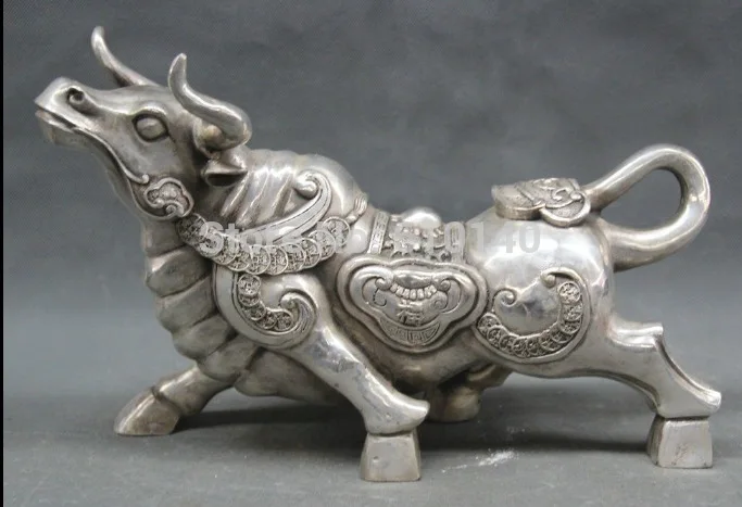 

wab12@@0000++14" Chinese Silver Folk Zodiac Year Fu Rich Money Bull Oxen Statue sculpture