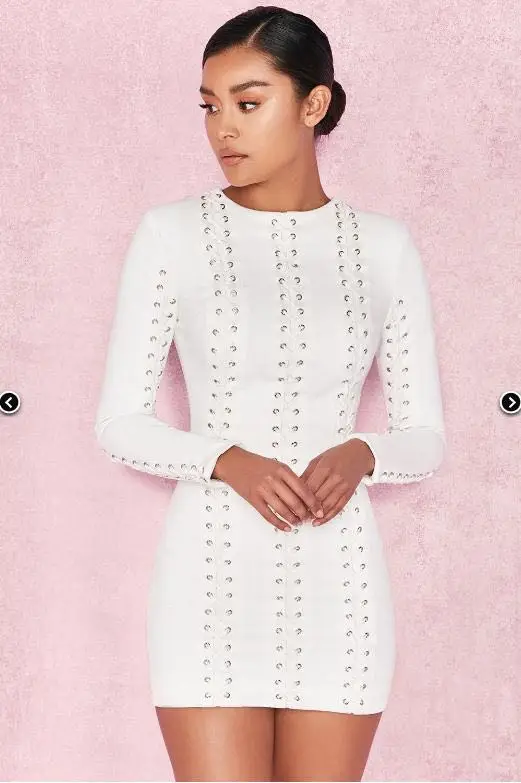 

Halinfer 2019 New Summer women dress sexy Black White bodycon O-neck Lace Up bandage dress celebrity party Mini dresses