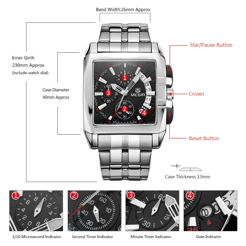 Orologio Uomo Megir Cronografo Analogico - Quadrante Nero, Cinturino In Pelle, Cassa In Acciaio Inox 41mm, Impermeabile 30M, Data E Lancette Luminescenti