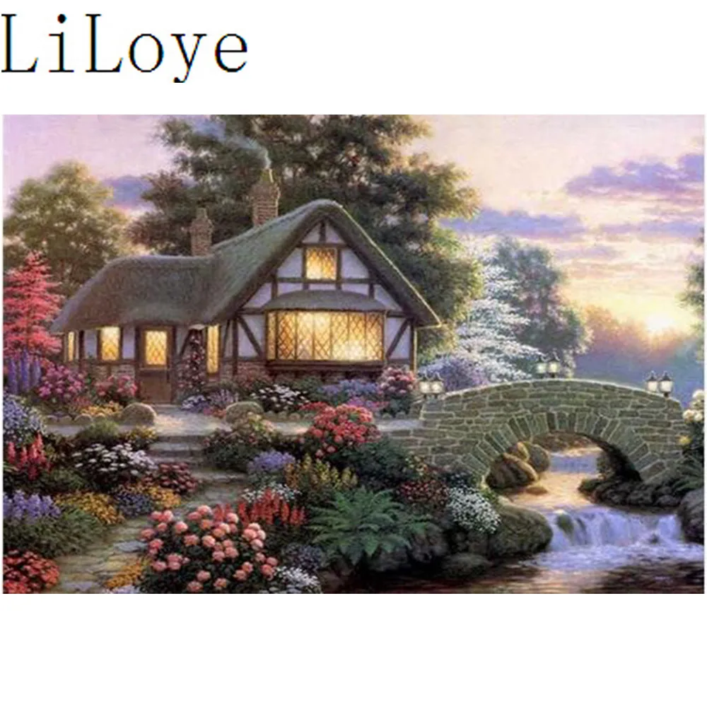 

DIY Diamond Painting Cross Stitch Scenic Cottage Bridge Mosaic Full Rhinestones 5D Diamond Embroidery Icon Decor Painting FZ592