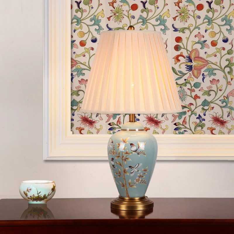 الراقية الرجعية أنيقة الصينية اليد رسمت السيراميك النسيج E27 Dimmerable الجدول مصباح لغرفة المعيشة غرفة نوم H 60/ 70 سنتيمتر 1080