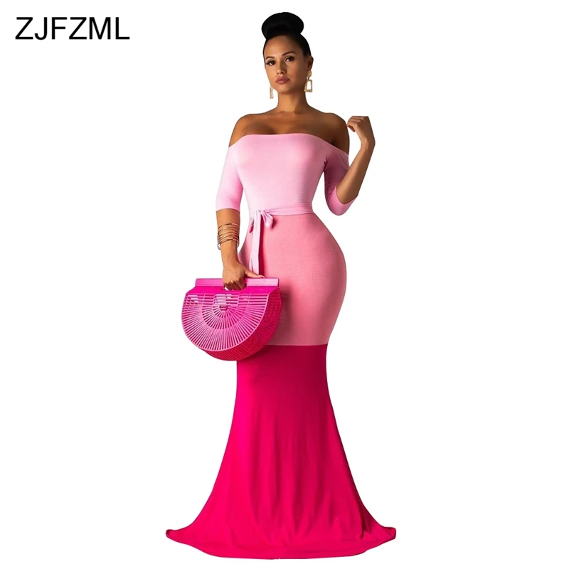

Color Block Spliced Summer Maxi Sundress Women Slash Neck Half Sleeve Mermaid Dress Elegant Cold Shoulder Backless Party Dresses