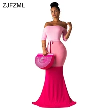 Color Block Spliced Summer Maxi Sundress Women Slash Neck Half Sleeve Mermaid Dress Elegant Cold Shoulder Backless Party Dresses fashionable v neck zig zag color block half sleeve dress for women