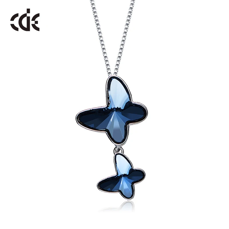 CDE 925 пробы Серебряное ожерелье украшено кристаллами Swarovski ожерелье с подвеской в виде бабочки женская цепочка серебряное ювелирное изделие - Цвет камня: blue