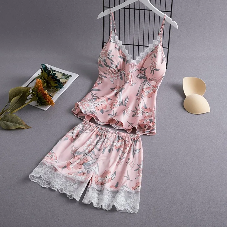 

Daeyard Silk Pajamas For Women Overall Print Floral Pijama With Shorts Summer Sexy Lace Fringe Sleepwear 2Pcs Pj Set Home Suit