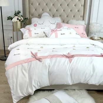 

Luxury White Pink Gray Blue Purple Love Embroidery Silk Cotton Princess Girl Bedding Set Bow Duvet Cover Bed sheet Pillowcases