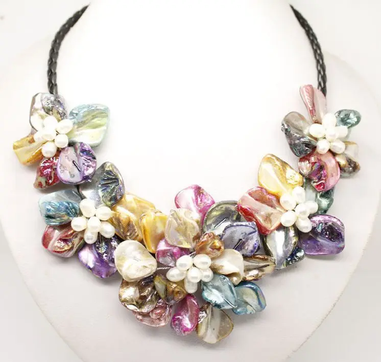 

new Multi-Color of pearl shell flower necklace 18" AAA style Fine Noble real Natural free shipping