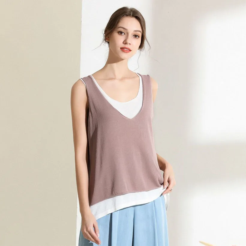 

Summer Tank Tops Women Sleeveless Round Neck Loose T Shirt Ladies knitting splice Vest Camisole Cotton Slim Ladies Thin Vest