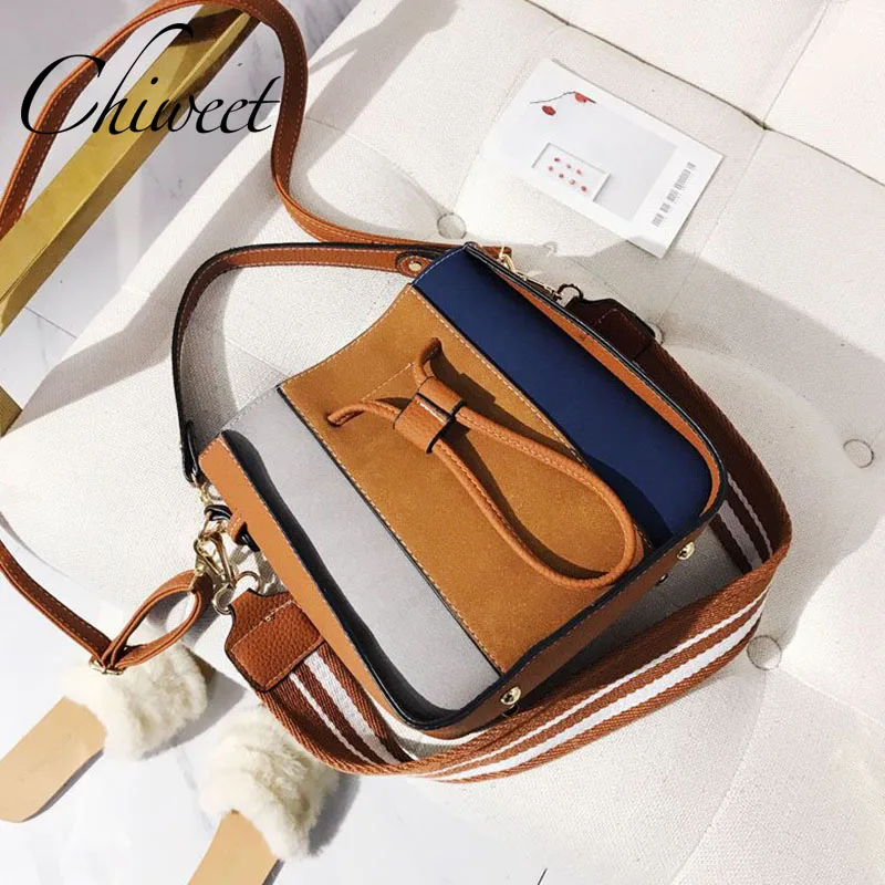

2019 Designer Panelled PU Leather Bucket Tote Bag 2 Set Brand Women Messenger Bag Handbags Female Lady Wide Strap Shoulder Bags