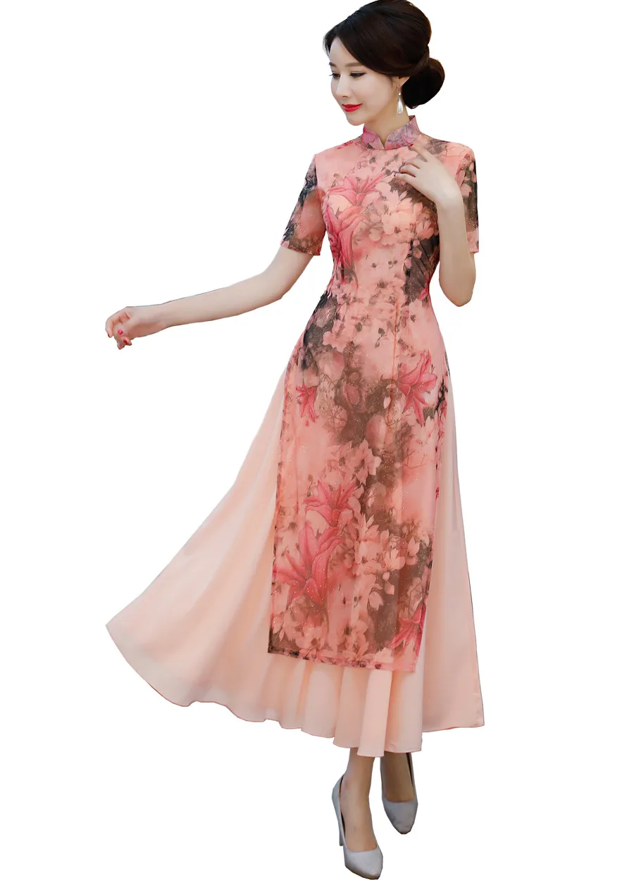 Шанхай история розовый Вьетнам аозай китайское традиционное платье китайское платье Ципао длинные китайское традиционное платье с разрезами по бокам и воротником-стойкой в народном стиле Стиль платье - Цвет: Розовый