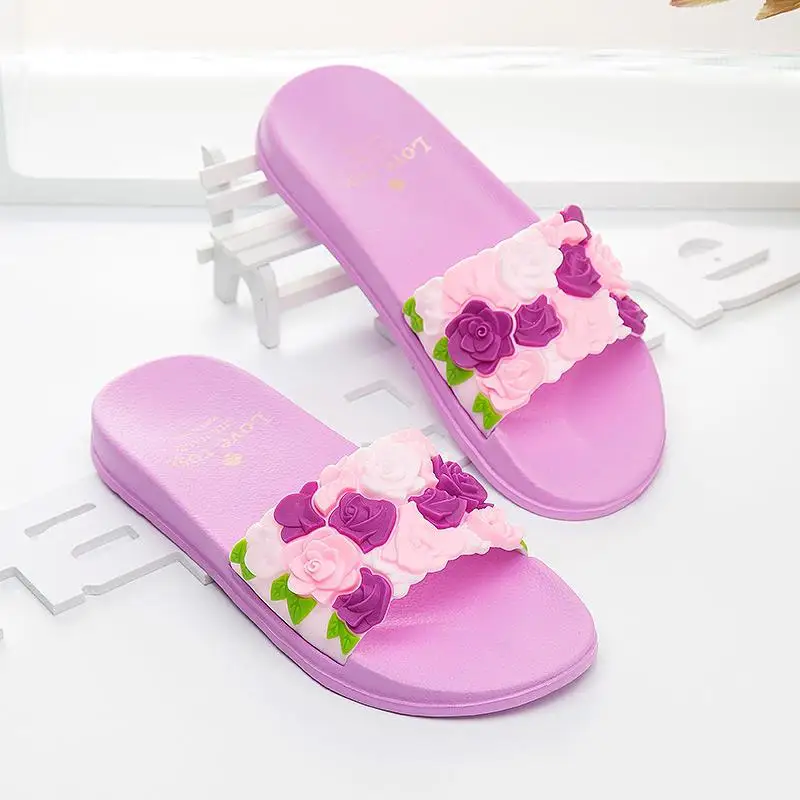 Летние женские шлепанцы; домашние тапочки с милыми розами; прозрачные сандалии для дома и улицы; женская обувь; Вьетнамки; zapatillas mujer - Цвет: Purple