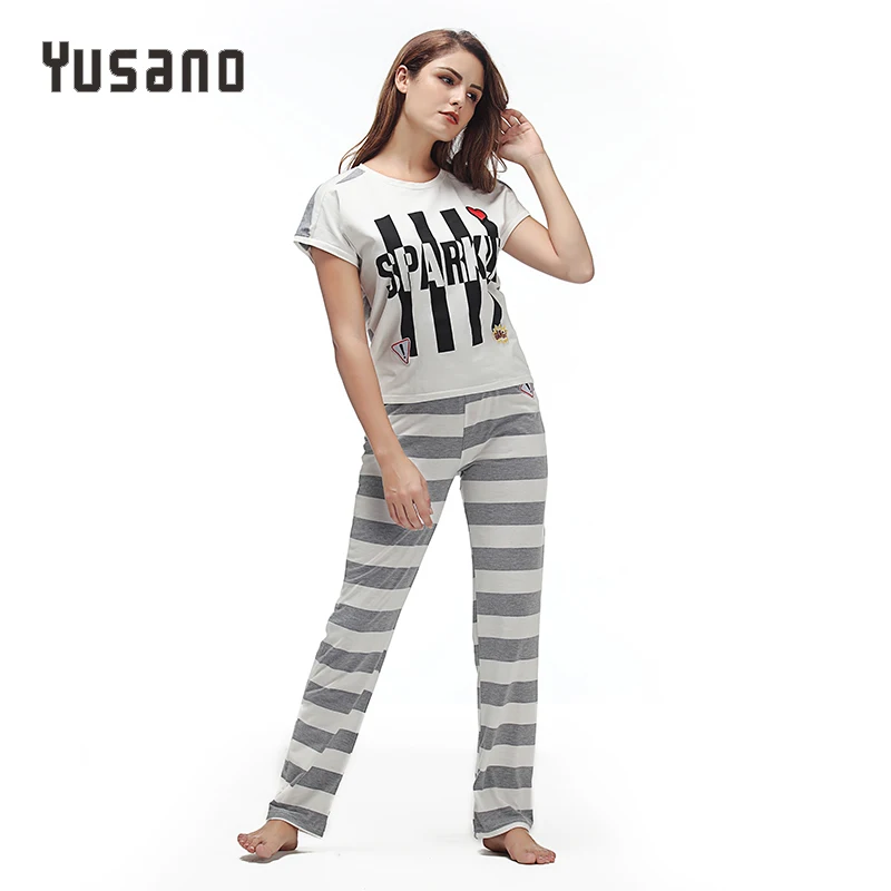

Yusano 2017 Summer Pajama Set Cotton Women Pijama de Unicornio O-neck Short Sleeve Stripe Pajama Pant Soft Grey Green Nightwear