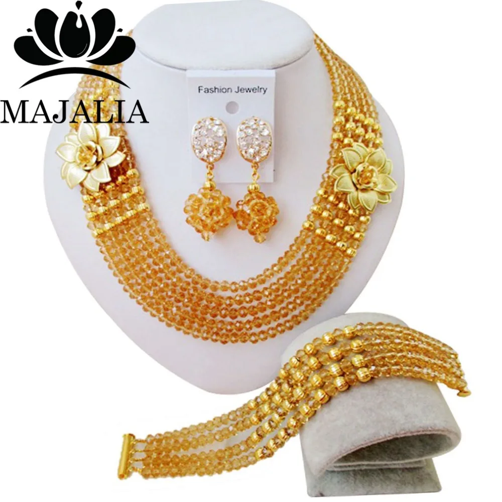 

Majalia Fashion African Beads Jewelry Set Gold champagne Crystal Beads Bride Jewelry Nigerian Wedding Beads Jewelry Sets 5SH015