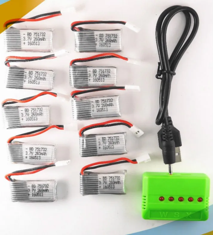 

10pcs 3.7 V 260 mAh Drone Li-Polymer Battery and X5 charger For RC JJRC H8 Mini Eachine H8 RC Quadcopter