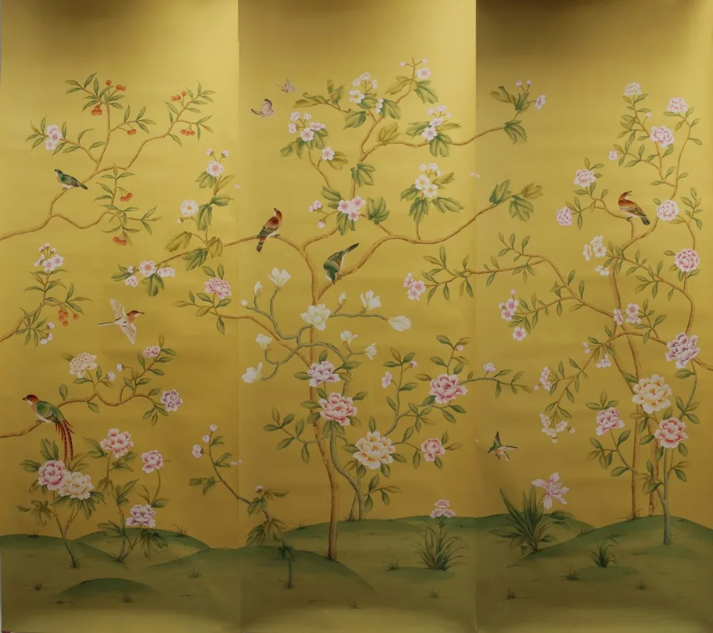 

Classic style elegant Hand-painted silk wallpaper Customized painting flowers with birds many patterns and background optional