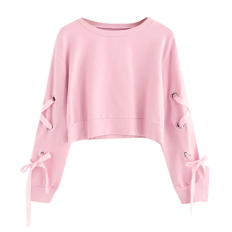 Women's Casual Lace Up Long Sleeve Pullover Crop Top Solid Sweatshirt Camisa De Entrenamiento Moletom Para Mulheres Sudadera B2 | Женская