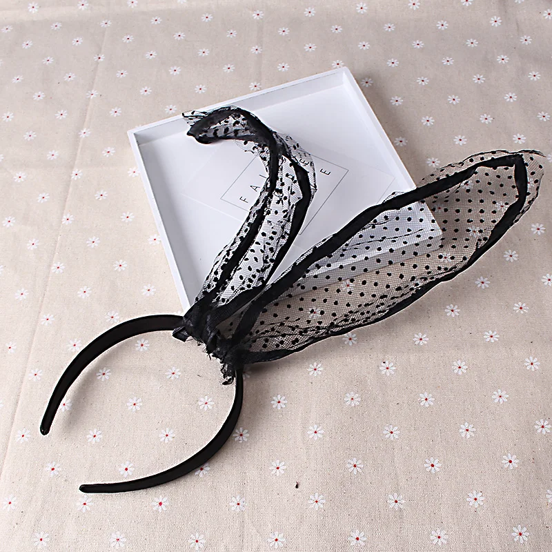 

Women Sexy Rabbit Bunny Ear Ribbon Metal Wire Hair fashion Band Headband black lace Net Yarn bow hair accessories for cosplay