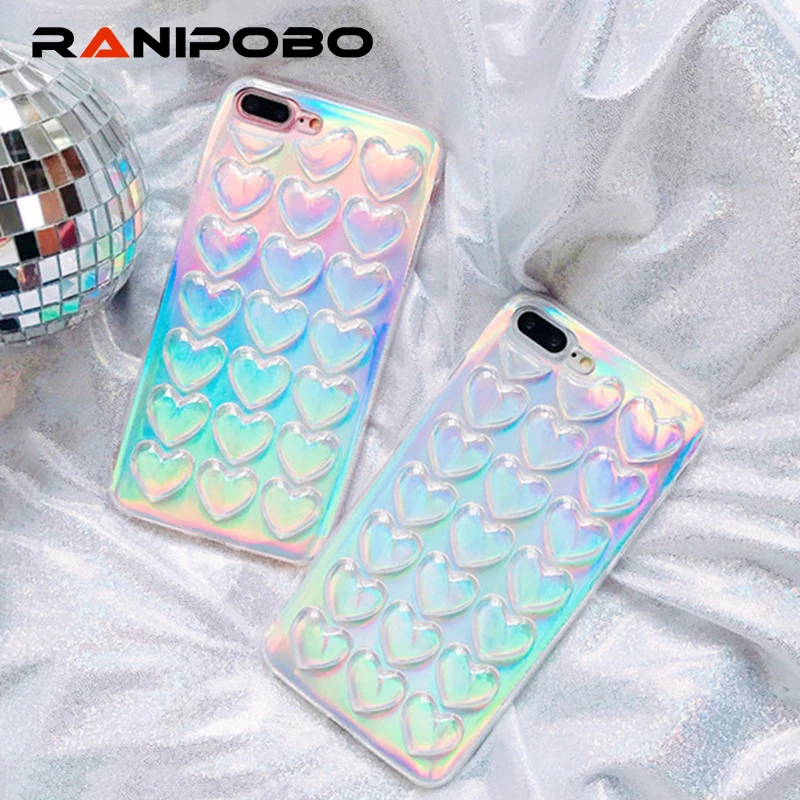 

DIY Laser LOVE Heart Case For iPhone 6 6S 7 8 Plus Colorful Soft TPU Phone Back Cover With Lanyard for iPhone6 Plus