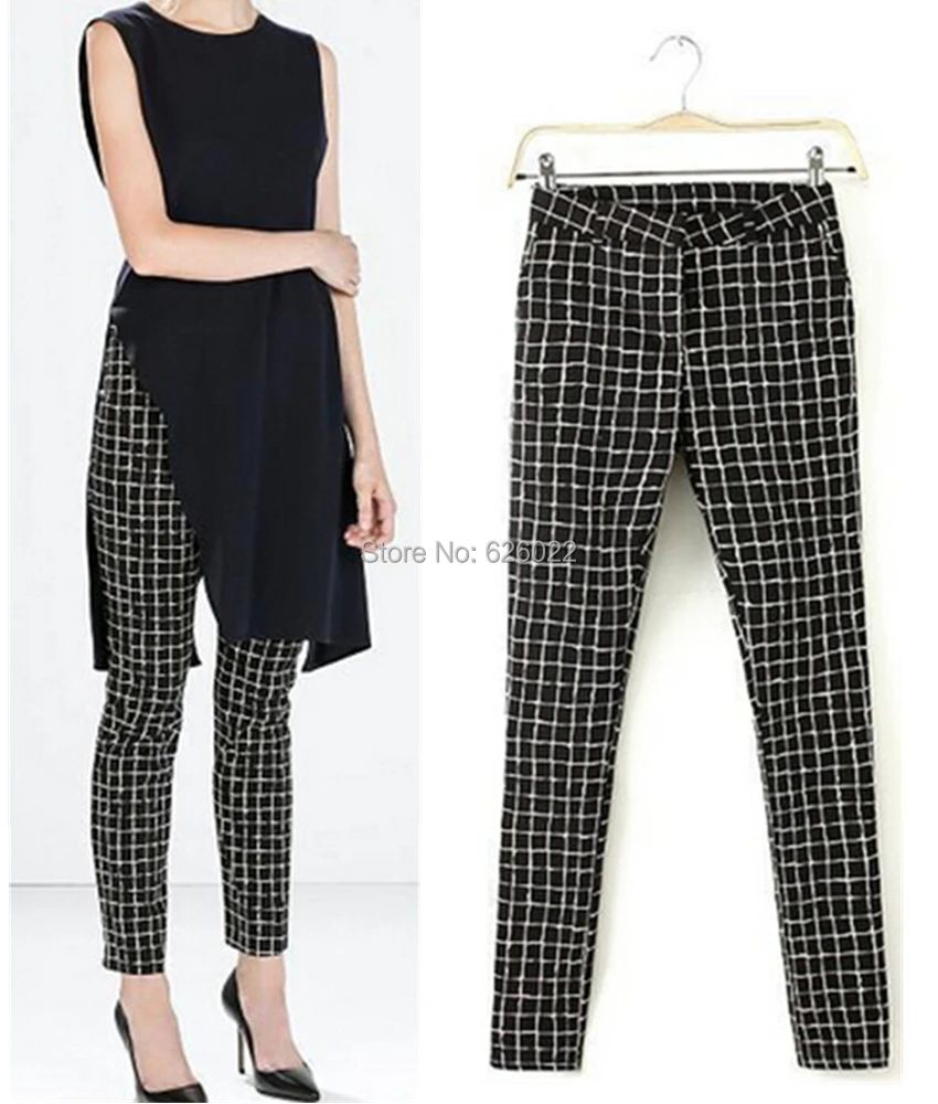 2015 New Women's Fashion Black & White Contrast Color Plaid Print Slim