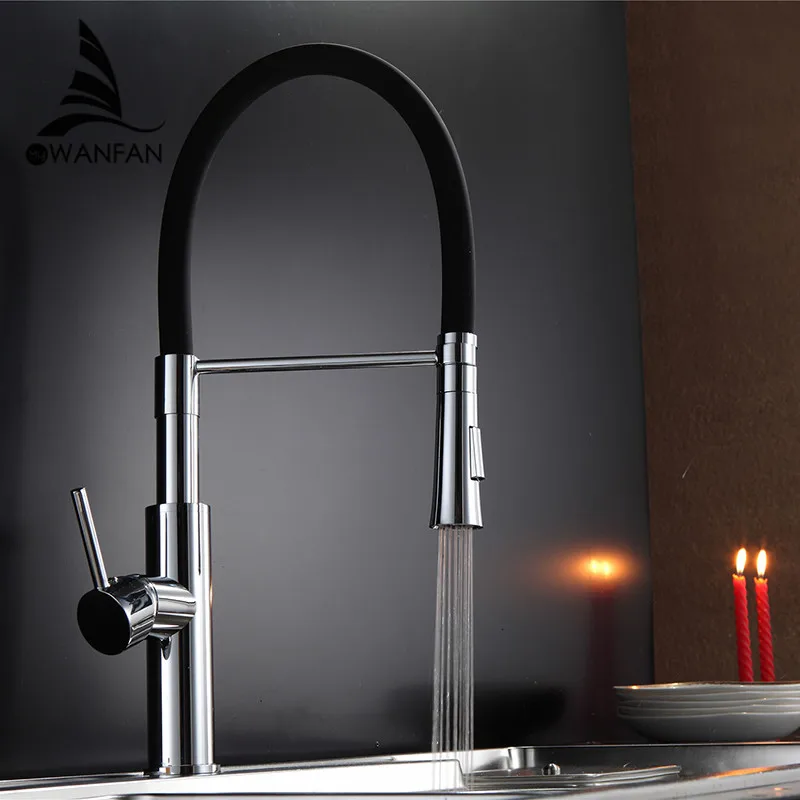 Black and Chrome Finish Kitchen Sink Faucet Deck Mount Pull Out Dual Sprayer Nozzle Hot Cold