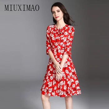 

Europe Style 2018 Spring & Summer Newest Fashion A-Line O-Neck Half Floral Printed Bow Casual Elegant Knee-Length Dress Women