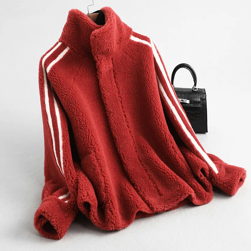 AYUNSUE, пальто с натуральным мехом, Женская куртка, Осень-зима, Женская куртка из натуральной шерсти, пальто из овечьей шерсти, корейские куртки Abrigo Mujer MY3583 - Цвет: red