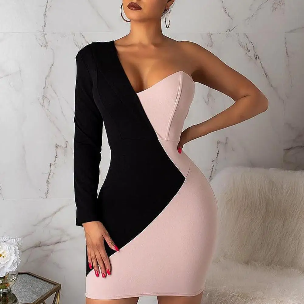 

2019 Women Party Dress Sexy One Shoulder Long Sleeve Stitching Bodycon Package Hip Dress Summer Women bodycon dress Vestidos