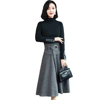 

Casual Elegant Skirt Sets Female Woolen Skirt 2 Piece Spring Autumn Long Sleeve Pullovers And High Waist A-Line Skirt Suits J192