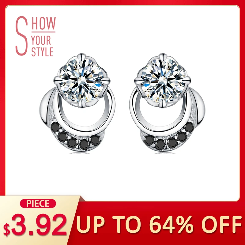 

[BLACK AWN] Genuine 925 Sterling Silver Jewelry Black Spinel Stone Cute Engagement Stud Earrings for Women T096