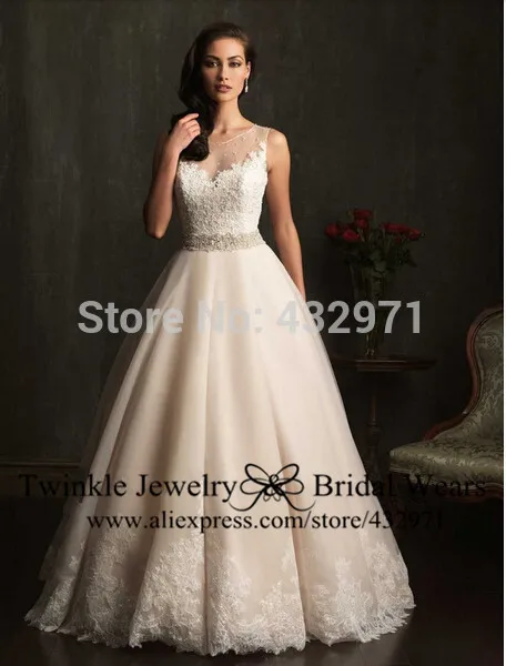 

2014 unique lace appliques scoop ball gown wedding dress with sashes illusion back custom made vestido de noiva,free shipping