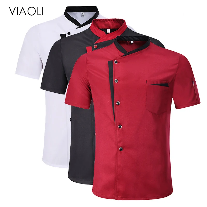 

Unisex Restaurant Kitchen Chef Uniform Shirt Breathable short sleeves Chef Jacket+cap+apron works clothes for men Wholesale 2019