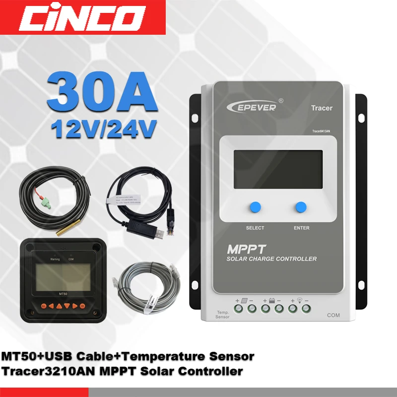 

Tracer3210AN 30A 12V/24 100V MPPT solar controller with MT50 remote meter and USB communication cable & temperature sensor