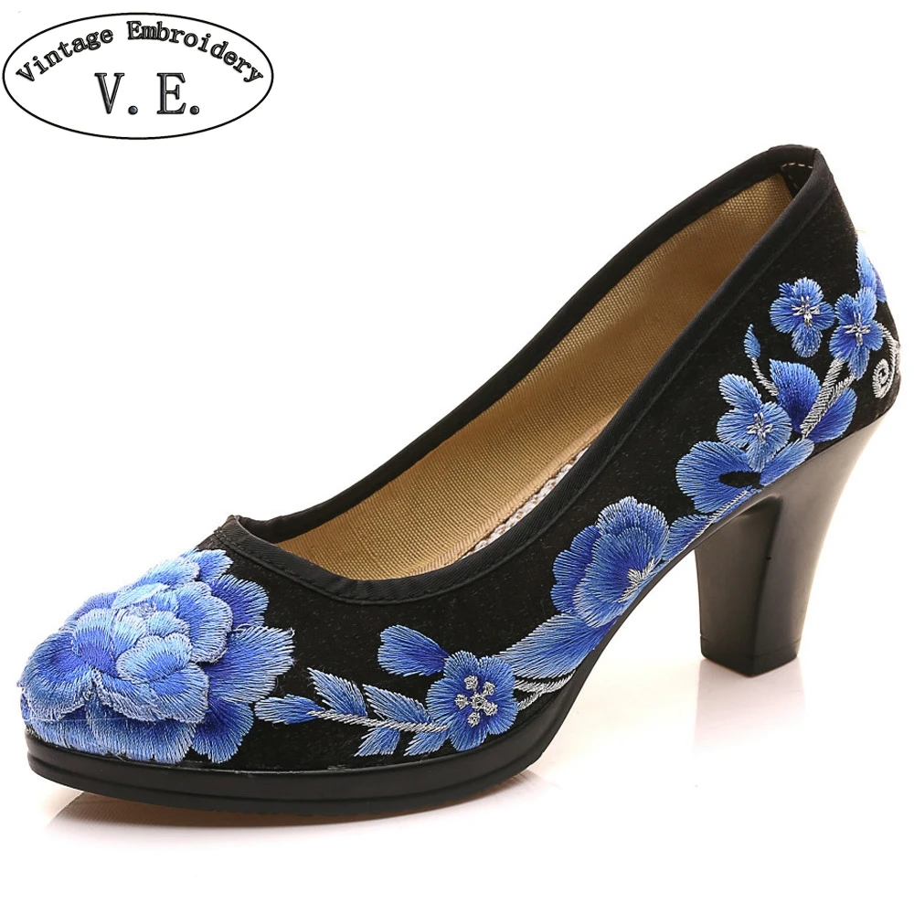 

Chinese Women Pumps Satin Floral Embroidered Medium Heel Elegant Ladies Round Toe Retro Zapatos Mujer Shoes For Cheongsam