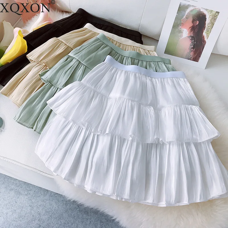 

XQXON Mini Short Pleated Summer Shorts Skirt Women 2019 White Black Green Ruffles High Waist A-line Sun School Skirt Female