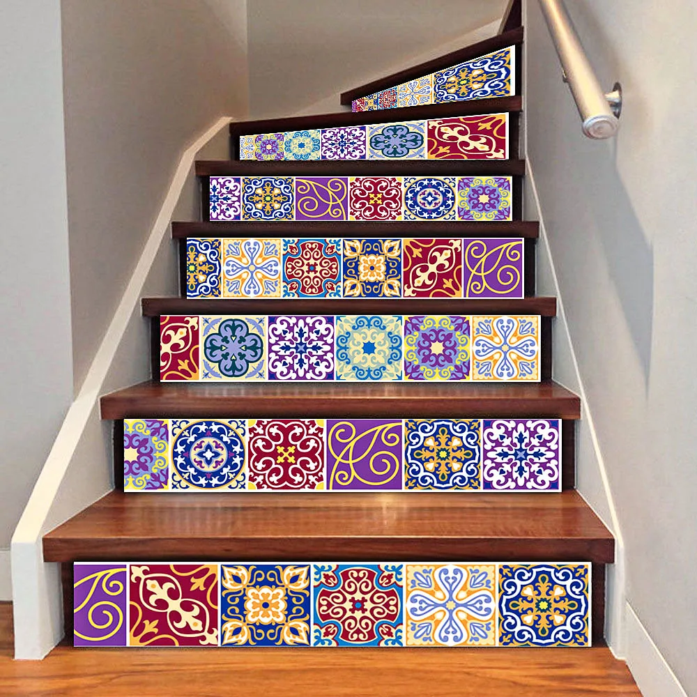 

6pcs DIY Tile Decals Mexican Traditional Stair Stickers Removeable Waterproof Wallpaper Home Decor 7.1 X 39.4 Inch Z40