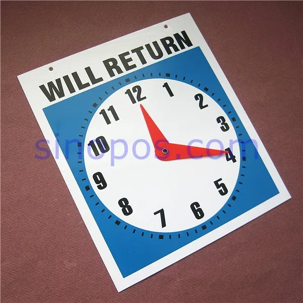 7.5 x 9 Double Sided Will Return Clock and Open Come In Sign With Chain