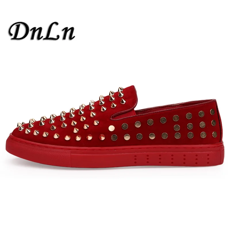 

Luxury Designer Shoes Mens Casual Flats Red Black Leather Wedding Shoes Rivet Studded Spiked Loafers Men 20D50