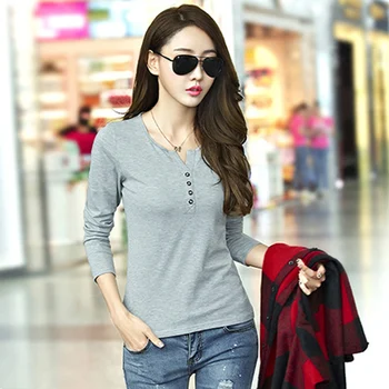 

Sale Summer Autumn Women's Cotton T-Shirt Plus Size 4XL Girls Long Sleeve V-neck Top Tees Ladies Button Basic Casual Shirts