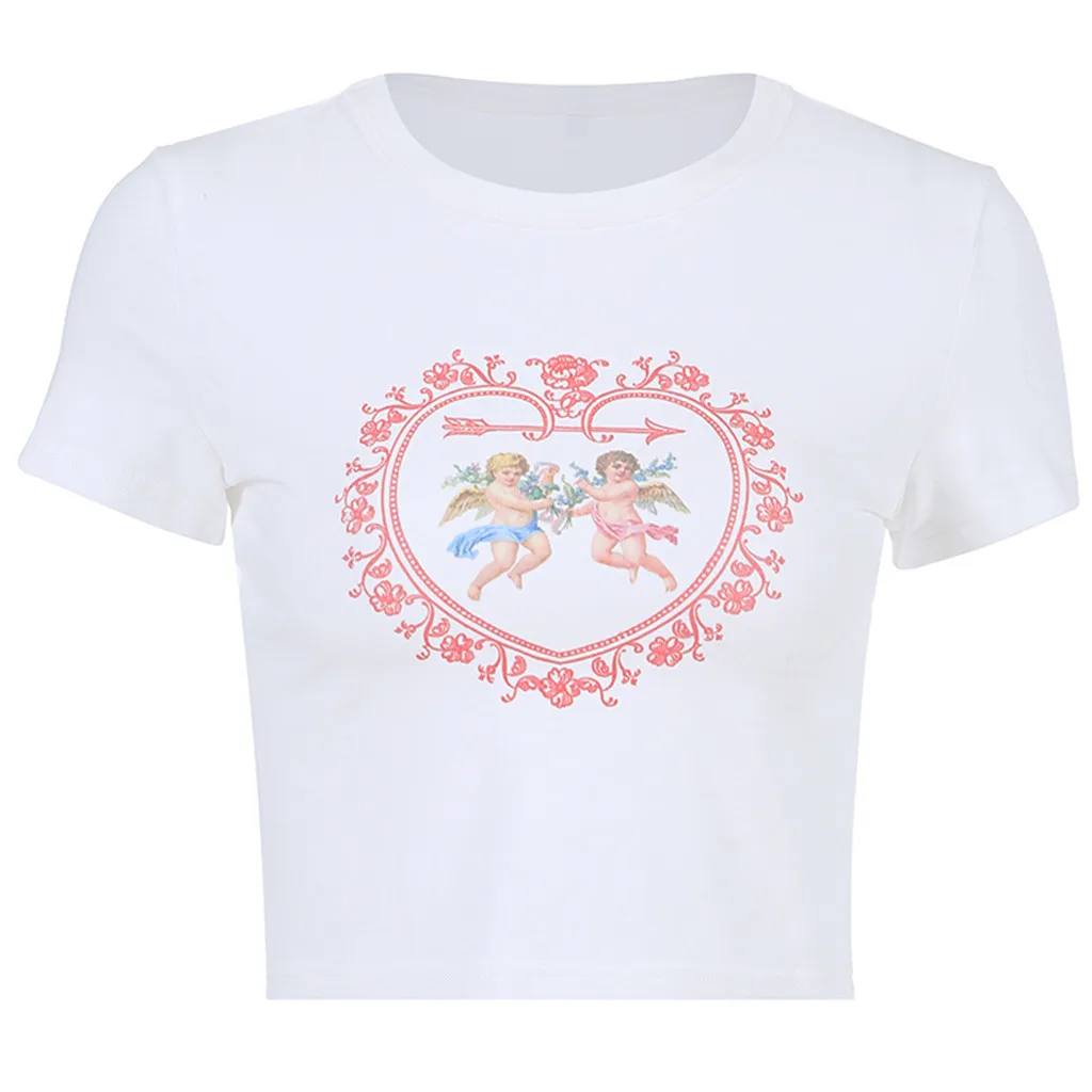 Харадзюку, женская модная повседневная водолазка с коротким рукавом и принтом, Короткие топы, футболка, сорочка, femme magliette donna, эстетическая