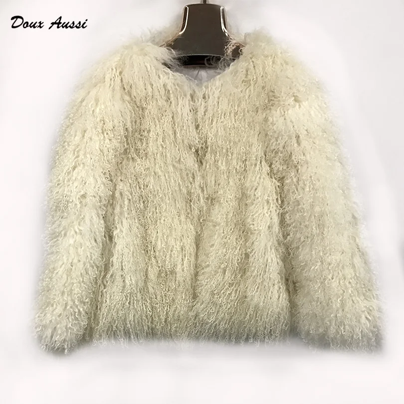 Модное натуральное монгольское меховое белое пальто для леди зимнее теплое с