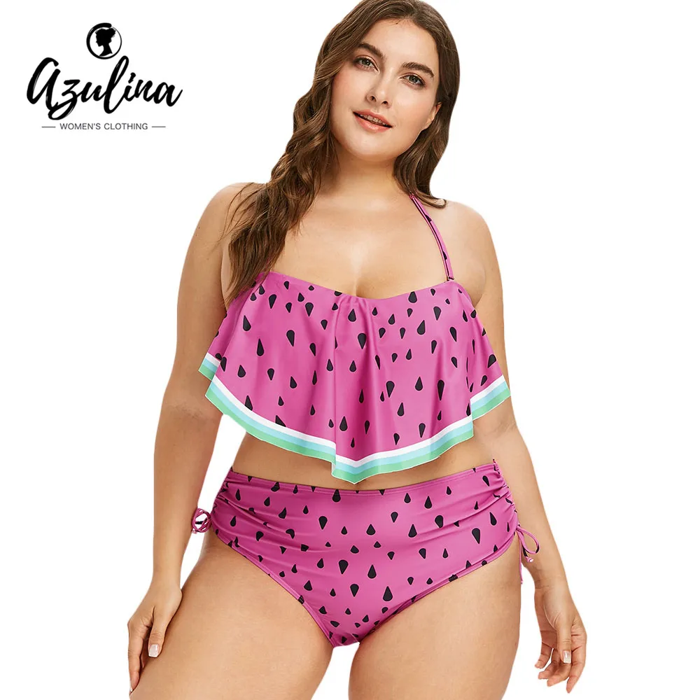 AZULINA Plus Size Women Swimsuit Watermelon Bikini High Waist Swimwear Halter Neck Self Tie Bikini Padded Bathing Suit Biquinis цена AZULINA Plus Size Women Swimsuit Watermelon Bikini High Waist Swimwear Halter Neck Self Tie Bikini Padded Bathing Suit Biquinis цены онлайн