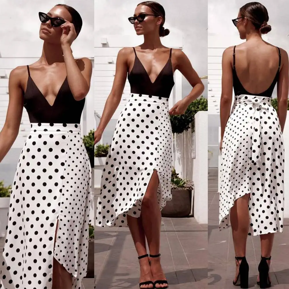 

Vintage Women Elegant Polka Dot Print High Waist Bandage Lace Up White Split Midi Skirt